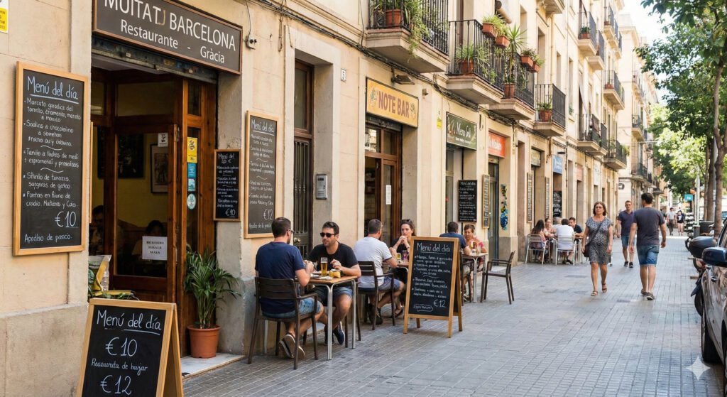 Calle del barrio de Gràcia con bares y restaurantes económicos